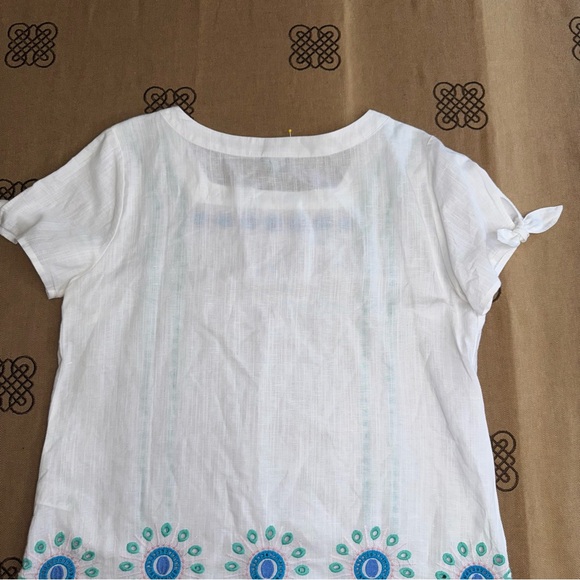 TALBOTS Linen Blend Embroidered Square Neck Top In White/Blue - Picture 13 of 16